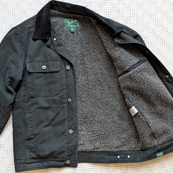 WOOLRICH Chore Barn Jacket Black Sherpa Lined Cotton Canvas Shell Men's M/L - Picture 7 of 9